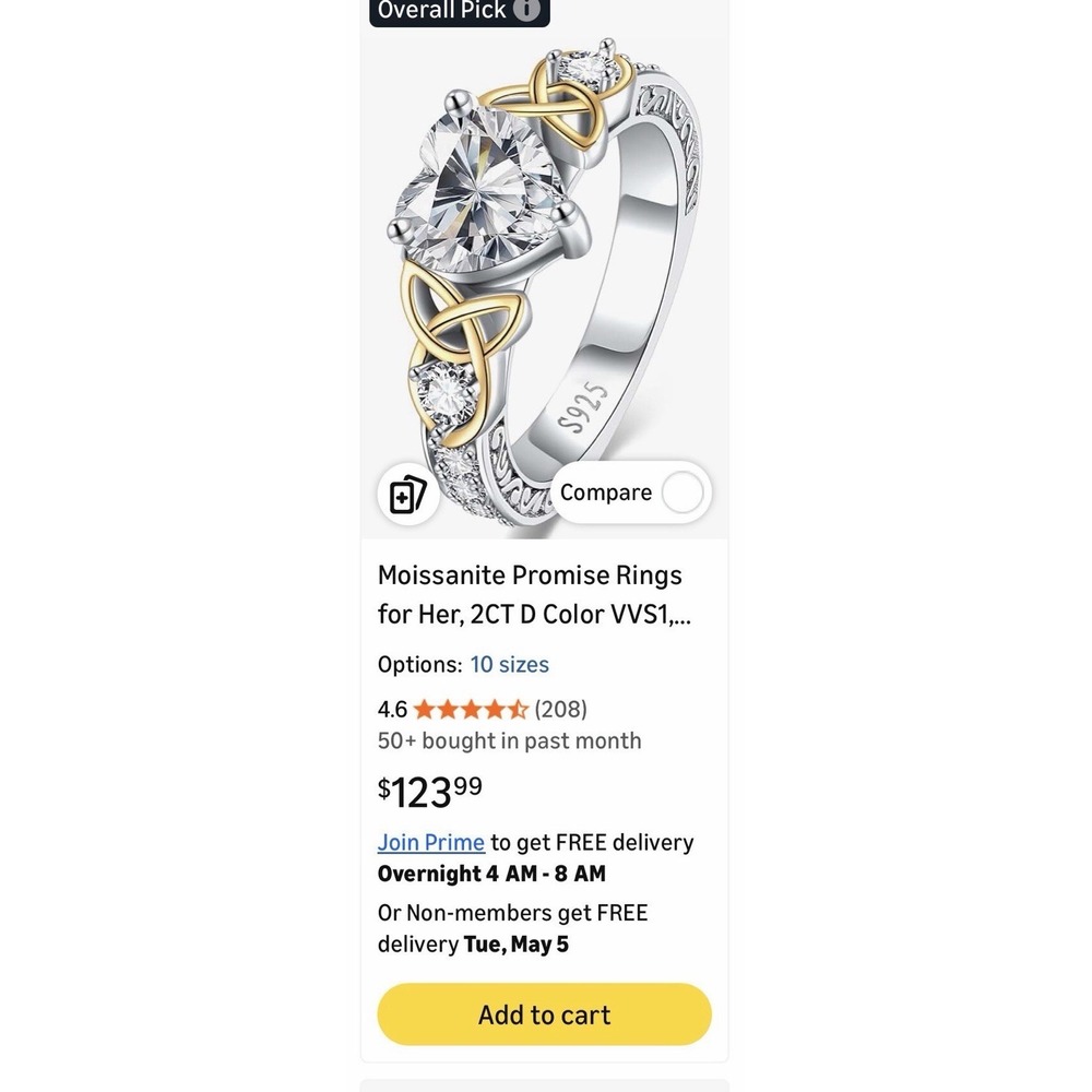 Moissanite PROMISE ENGAGEMENT RING 2CT Heart Shaped CELTIC KNOT Sz 6.5‎ Two-tone